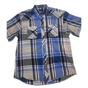 WRANGLER Shirt Men's Size 17 TALL Blue Plaid Pearl Snaps Short Sleeve 73125HA